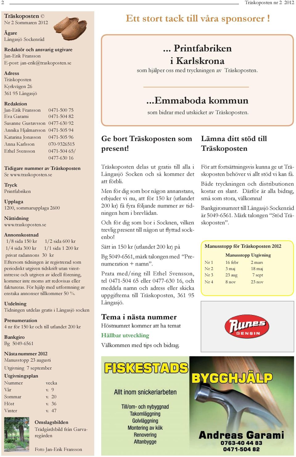 0471-505 96 Anna Karlsson 070-9326515 Ethel Svensson 0471-504 65/ 0477-630 16 Tidigare nummer av Träskoposten Se www.traskoposten.