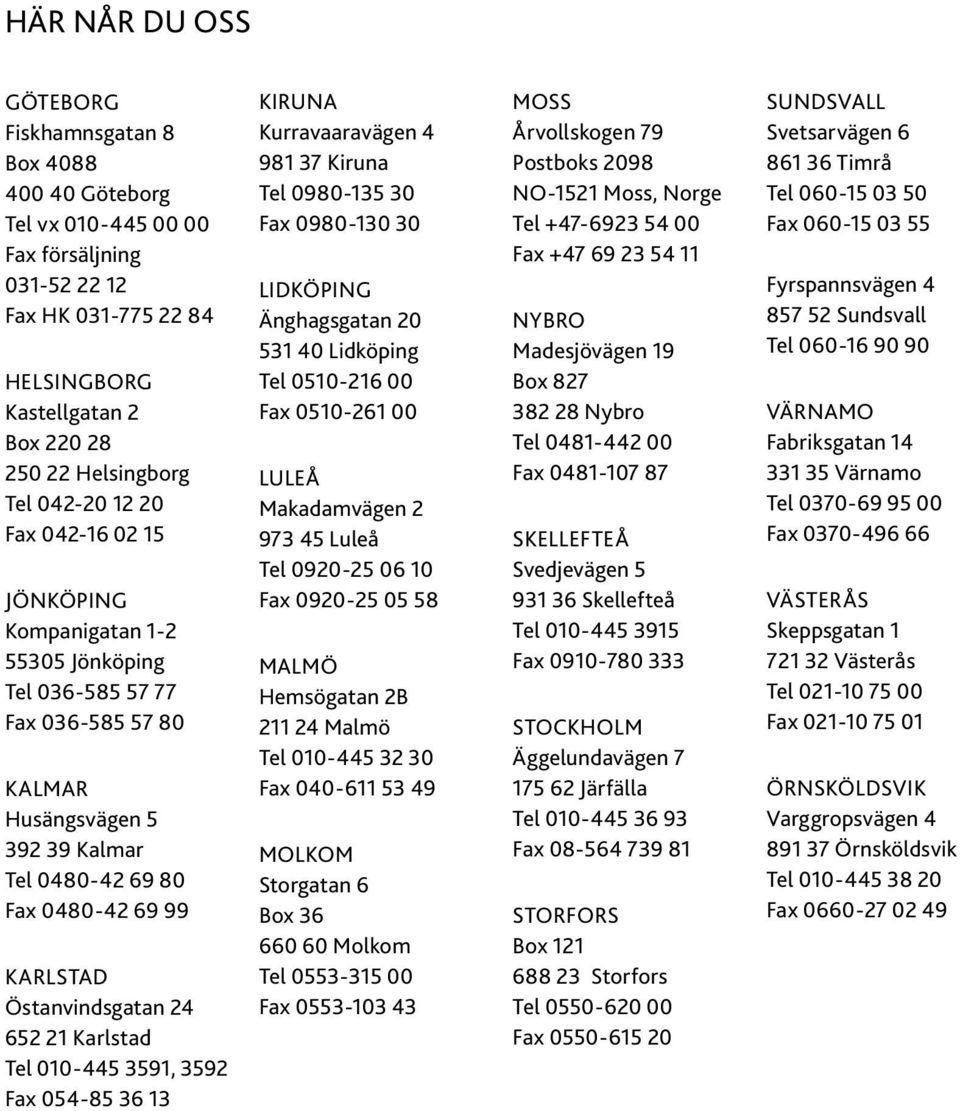 Östanvindsgatan 24 652 21 Karlstad Tel 010-445 3591, 3592 Fax 054-85 36 13 KIRUNA Kurravaaravägen 4 981 37 Kiruna Tel 0980-135 30 Fax 0980-130 30 LIDKÖPING Änghagsgatan 20 531 40 Lidköping Tel