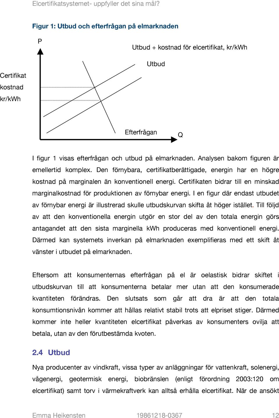 Certifikaten bidrar till en minskad marginalkostnad för produktionen av förnybar energi. I en figur där endast utbudet av förnybar energi är illustrerad skulle utbudskurvan skifta åt höger istället.