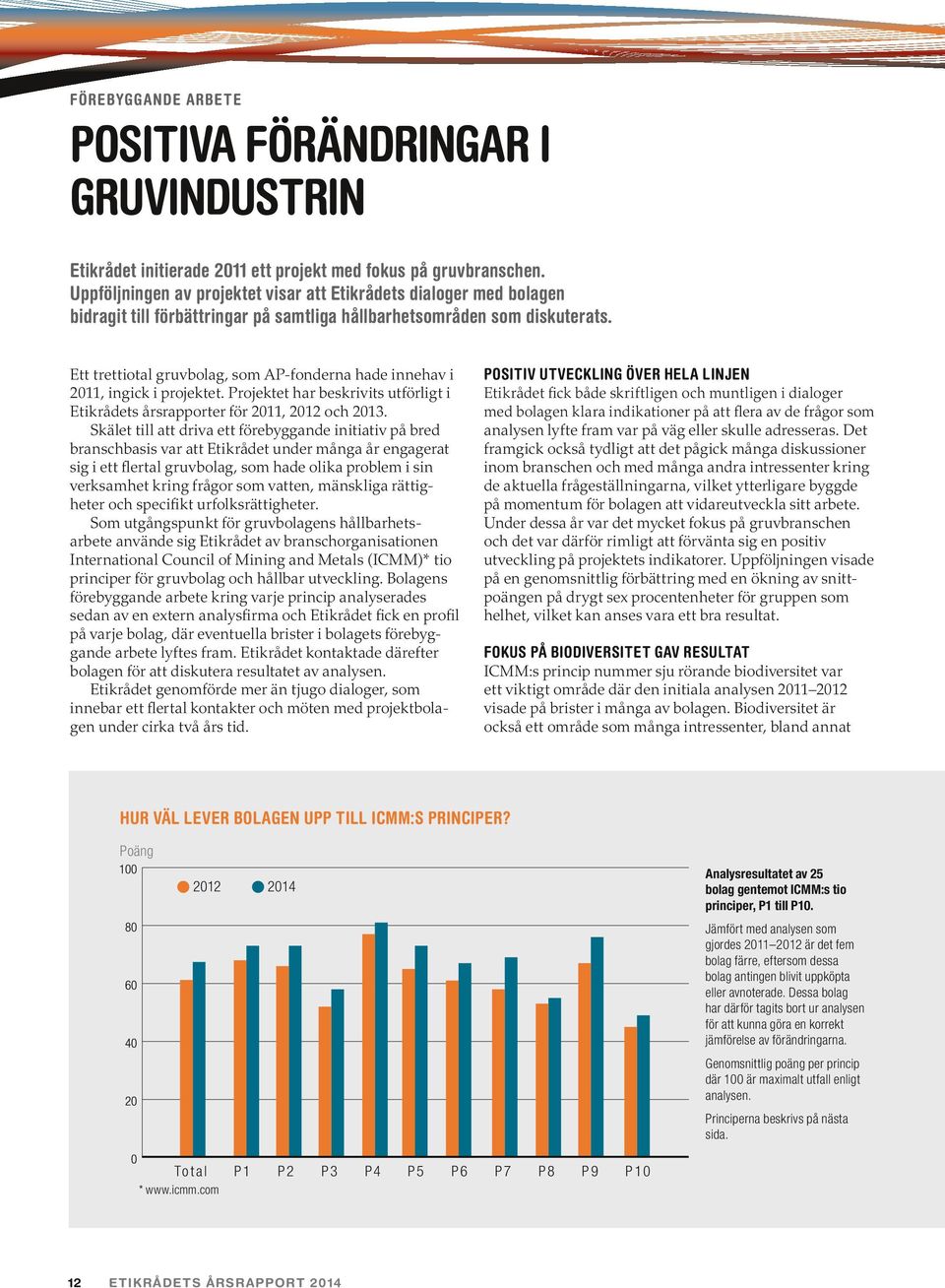 Ett trettiotal gruvbolag, som AP-fonderna hade innehav i 2011, ingick i projektet. Projektet har beskrivits utförligt i Etikrådets årsrapporter för 2011, 2012 och 2013.