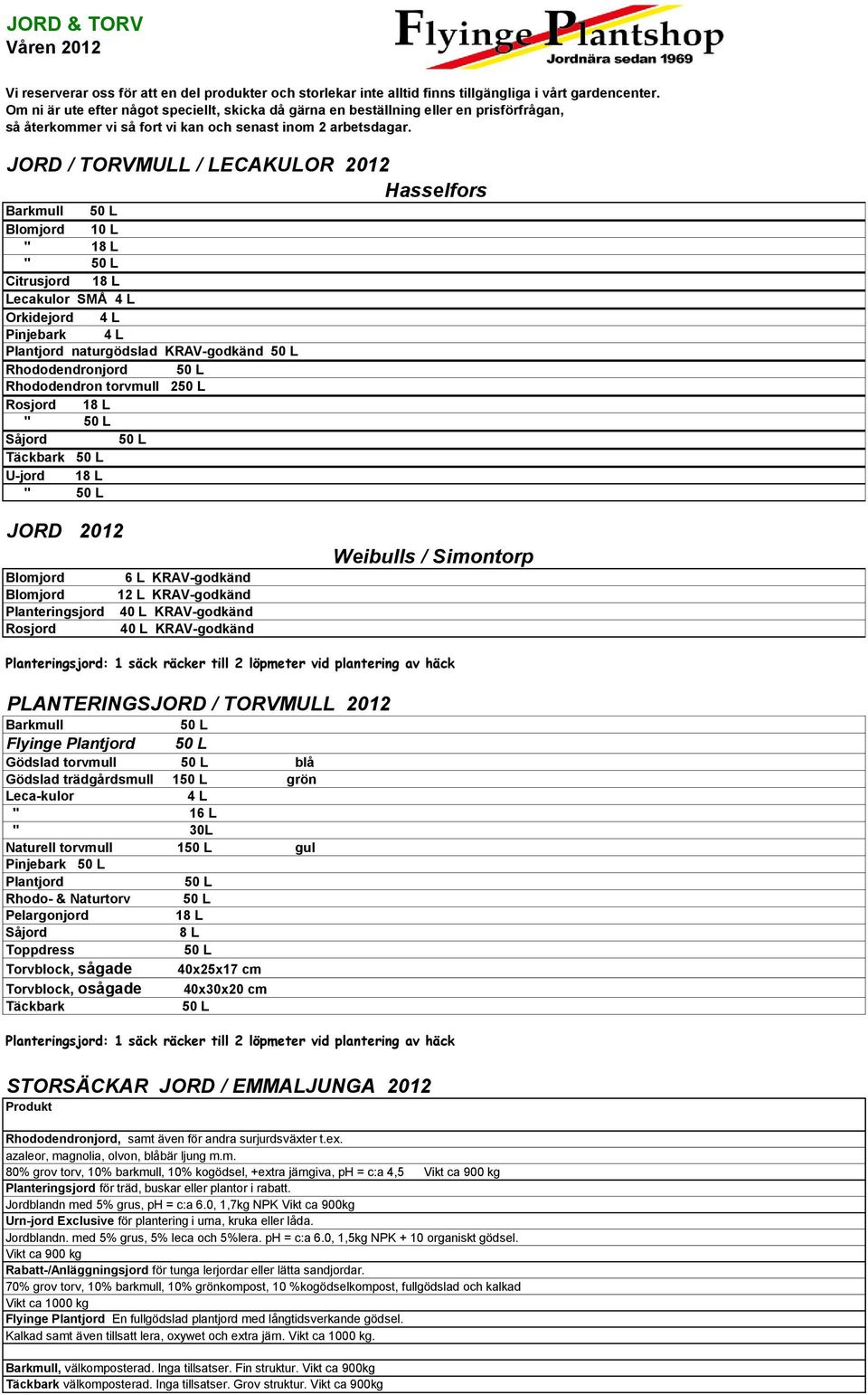 JORD / TORVMULL / LECAKULOR 2012 Hasselfors Barkmull 50 L Blomjord 10 L " 18 L " 50 L Citrusjord 18 L Lecakulor SMÅ 4 L Orkidejord 4 L Pinjebark 4 L Plantjord naturgödslad KRAV-godkänd 50 L