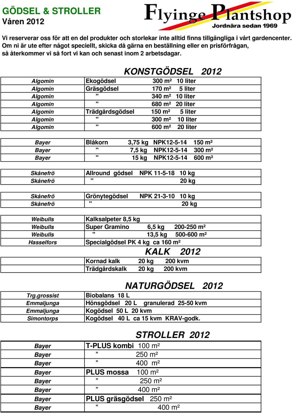 KONSTGÖDSEL 2012 Algomin Ekogödsel 300 m² 10 liter Algomin Gräsgödsel 170 m² 5 liter Algomin " 340 m² 10 liter Algomin " 680 m² 20 liter Algomin Trädgårdsgödsel 150 m² 5 liter Algomin " 300 m² 10