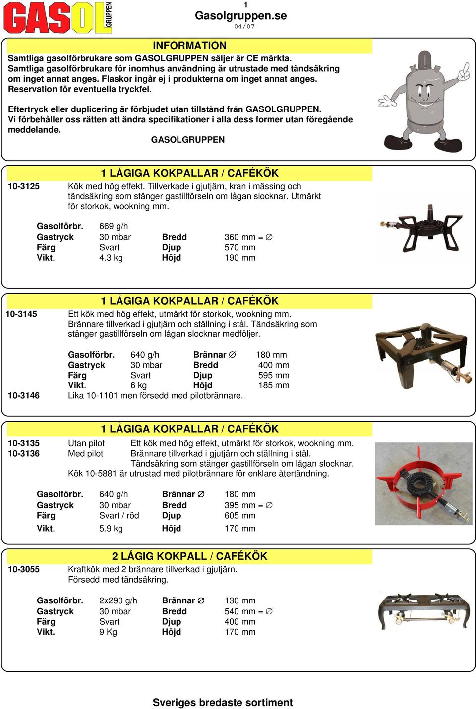 Vi förbehåller oss rätten att ändra specifikationer i alla dess former utan föregående meddelande. GASOLGRUPPEN 1 LÅGIGA KOKPALLAR / CAFÉKÖK 10-3125 Kök med hög effekt.