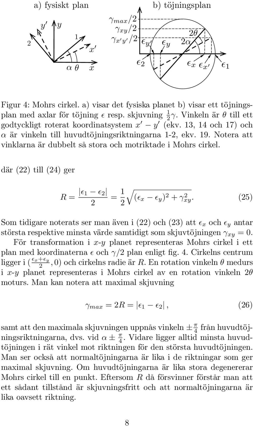 Noteraatt vinklarna är dubbelt så stora och otriktade i Mohrs cirkel. där (22) till(24) ger R = 1 2 2 = 1 2 q ( x y ) 2 + xy.