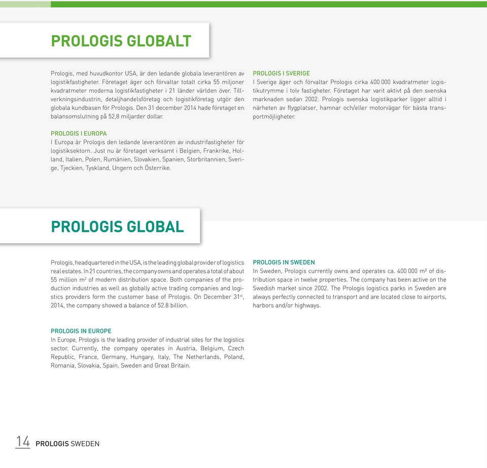 Tillverkningsindustrin, detaljhandelsföretag och logistikföretag utgör den globala kundbasen för Prologis. Den 31 december 2014 hade företaget en balansomslutning på 52,8 miljarder dollar.