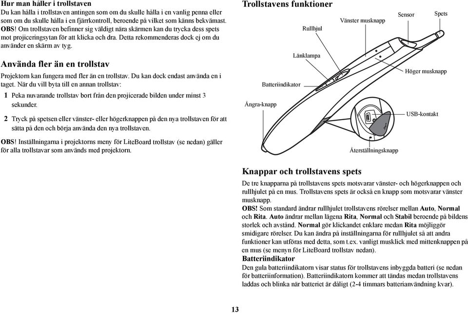 Trollstavens funktioner Rullhjul Vänster musknapp Sensor Spets Använda fler än en trollstav Projektorn kan fungera med fler än en trollstav. Du kan dock endast använda en i taget.