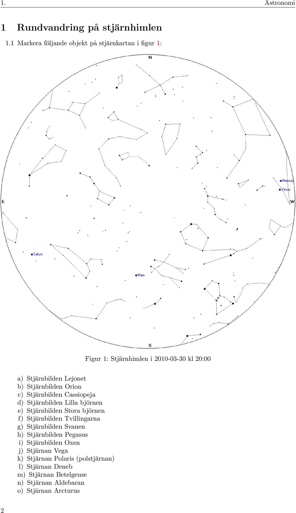 Stjärnbilden Orion c) Stjärnbilden Cassiopeja d) Stjärnbilden Lilla björnen e) Stjärnbilden Stora björnen f) Stjärnbilden