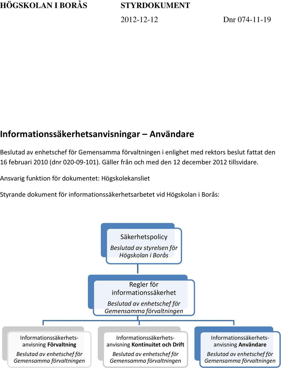 Ansvarig funktion för dokumentet: Högskolekansliet Styrande dokument för informationssäkerhetsarbetet vid Högskolan i Borås: Säkerhetspolicy Beslutad av styrelsen för Högskolan i Borås Regler för