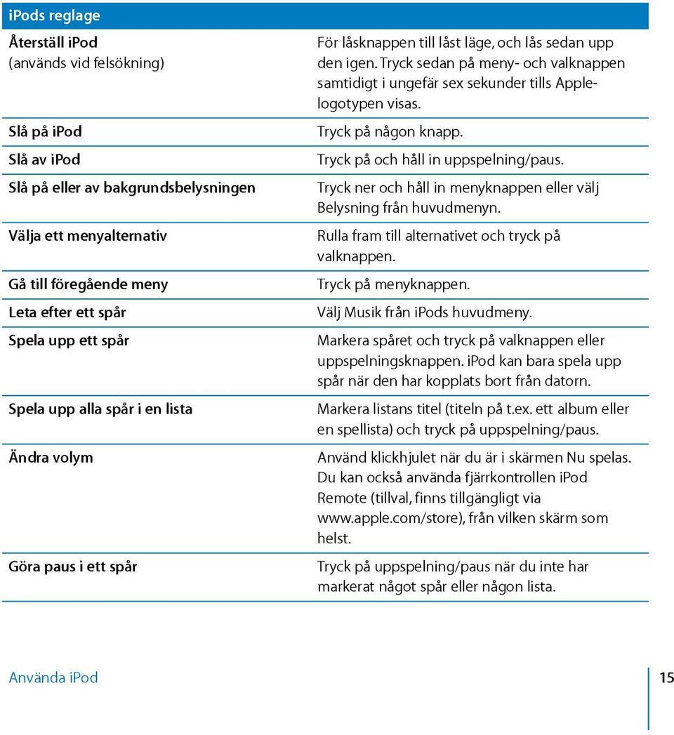 Tryck sedan på meny- och valknappen samtidigt i ungefär sex sekunder tills Applelogotypen visas. Tryck på någon knapp. Tryck på och håll in uppspelning/paus.