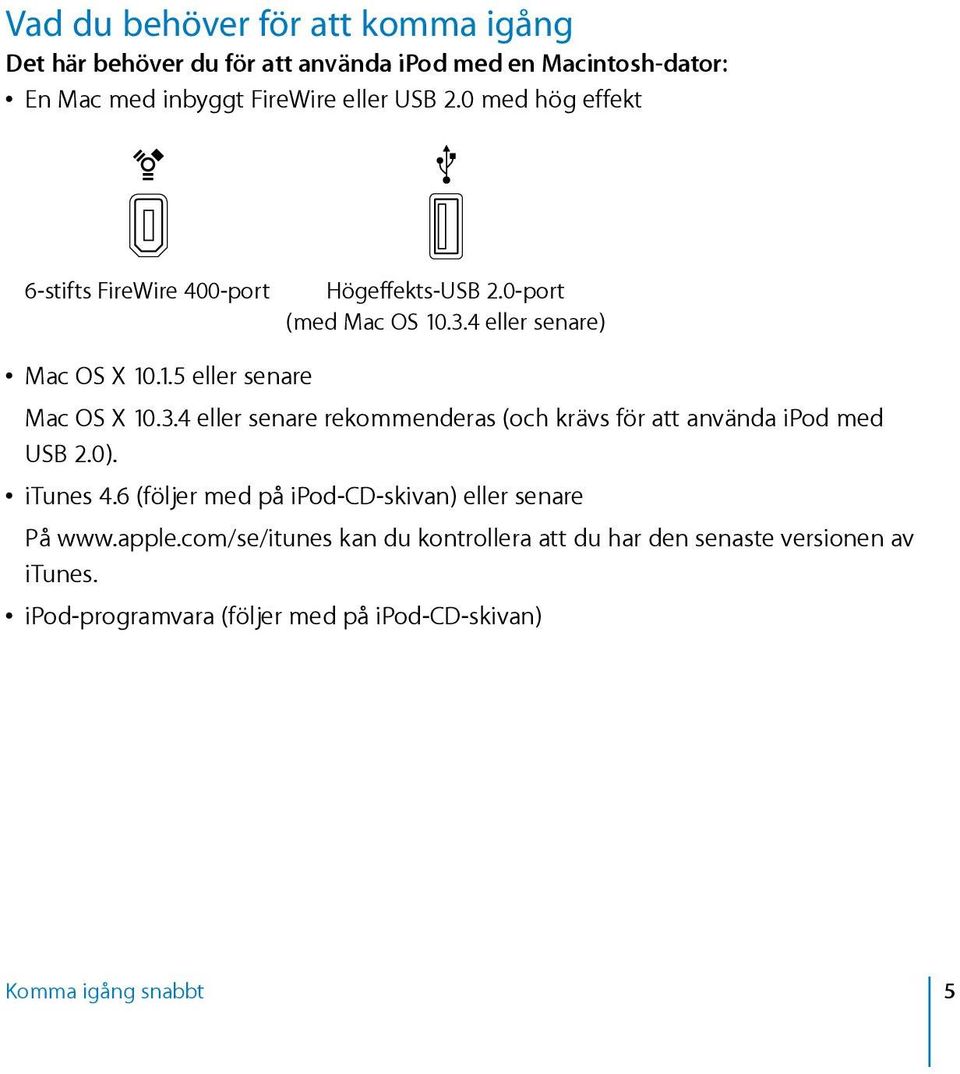 3.4 eller senare rekommenderas (och krävs för att använda ipod med USB 2.0). itunes 4.6 (följer med på ipod-cd-skivan) eller senare På www.