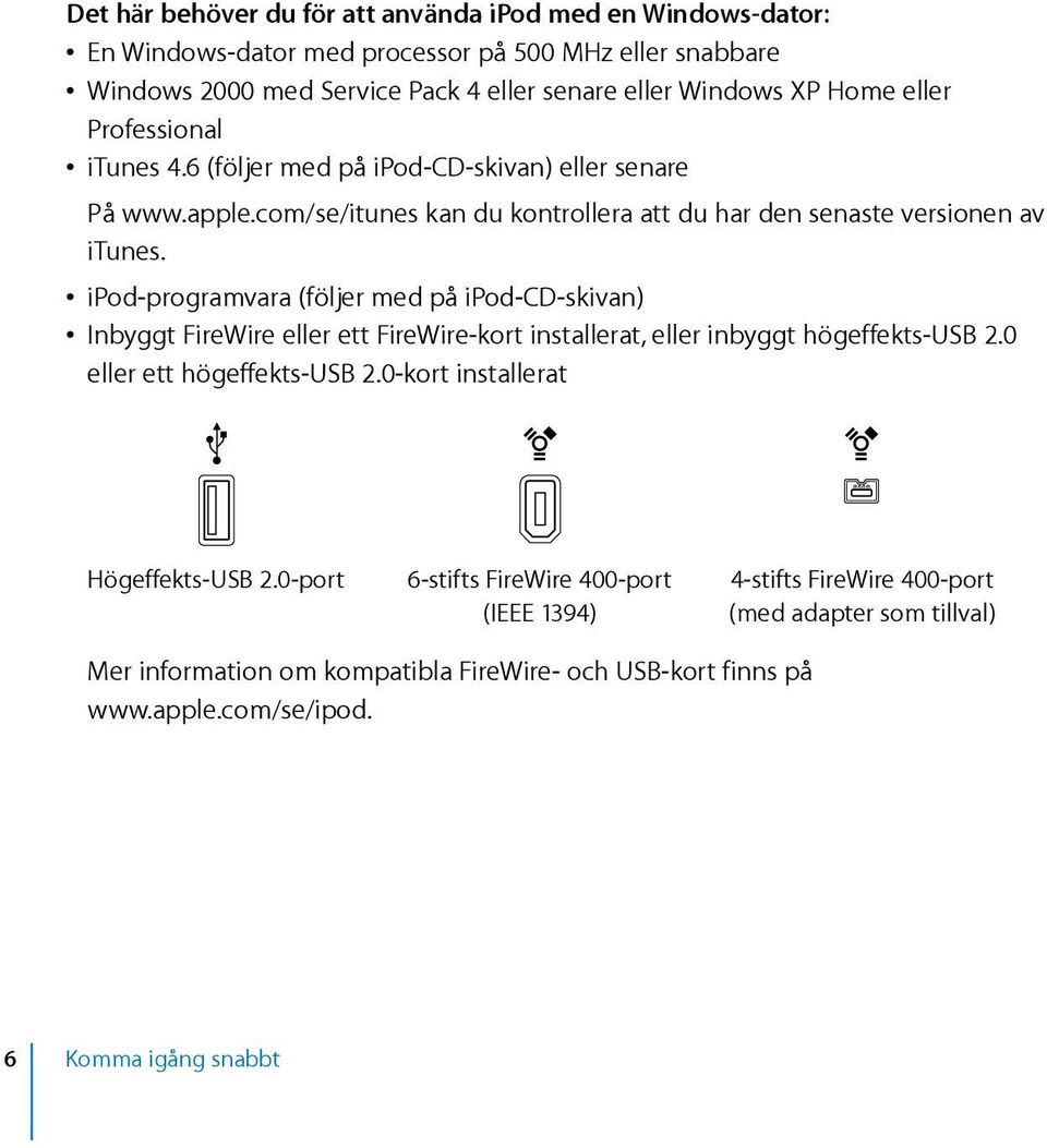 ipod-programvara (följer med på ipod-cd-skivan) Inbyggt FireWire eller ett FireWire-kort installerat, eller inbyggt högeffekts-usb 2.0 eller ett högeffekts-usb 2.