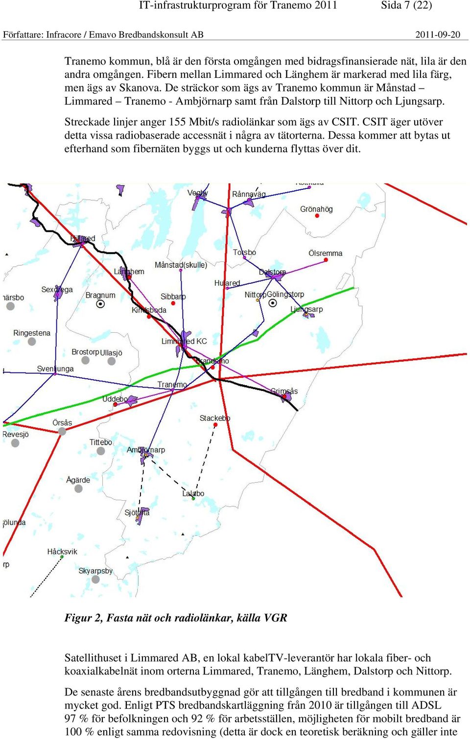 De sträckor som ägs av Tranemo kommun är Månstad Limmared Tranemo - Ambjörnarp samt från Dalstorp till Nittorp och Ljungsarp. Streckade linjer anger 155 Mbit/s radiolänkar som ägs av CSIT.