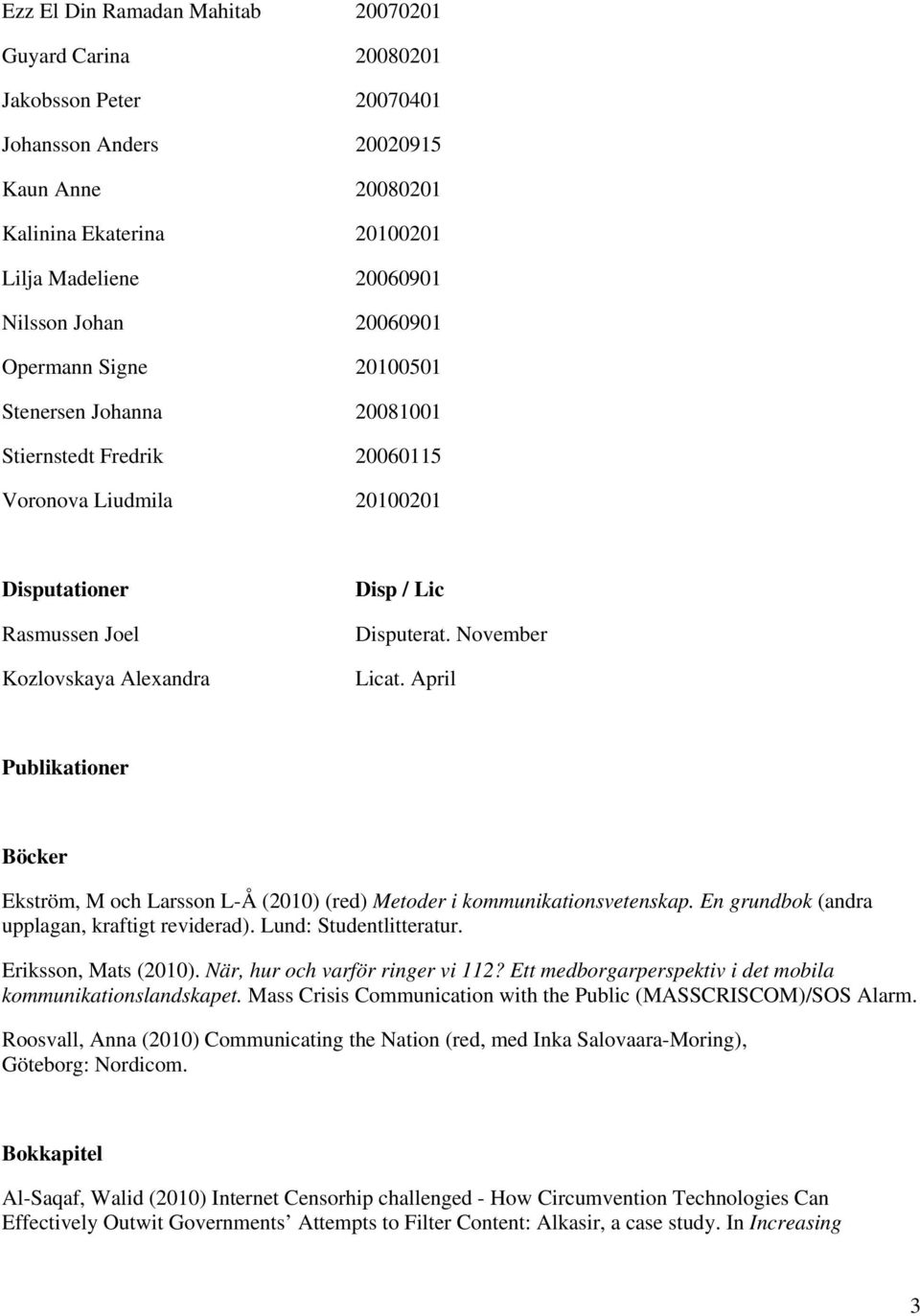 November Licat. April Publikationer Böcker Ekström, M och Larsson L-Å (2010) (red) Metoder i kommunikationsvetenskap. En grundbok (andra upplagan, kraftigt reviderad). Lund: Studentlitteratur.