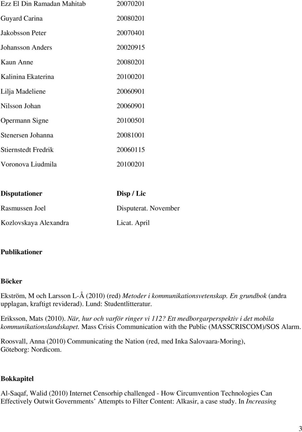 November Licat. April Publikationer Böcker Ekström, M och Larsson L-Å (2010) (red) Metoder i kommunikationsvetenskap. En grundbok (andra upplagan, kraftigt reviderad). Lund: Studentlitteratur.