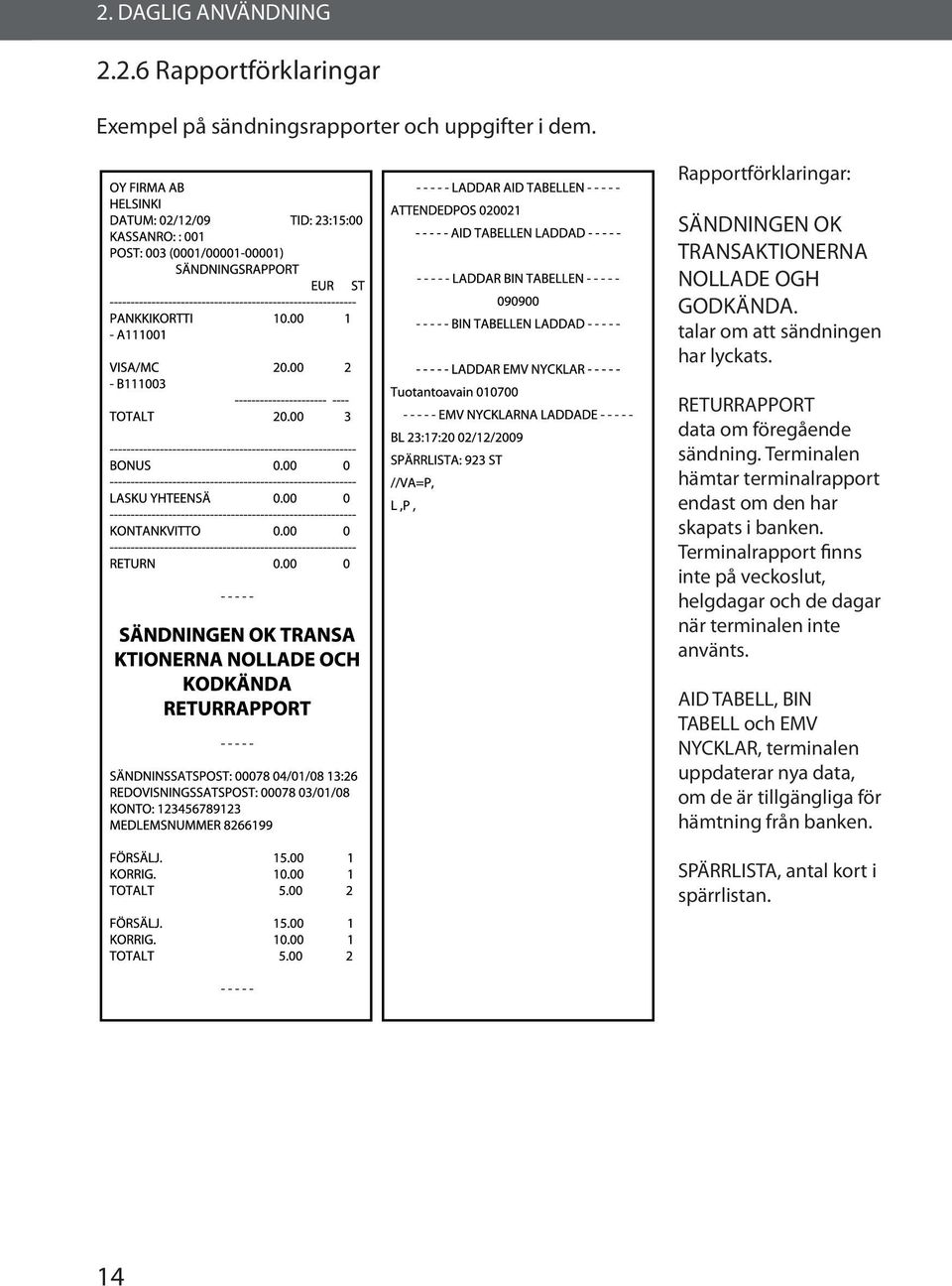 RETURRAPPORT data om föregående sändning. Terminalen hämtar terminalrapport endast om den har skapats i banken.