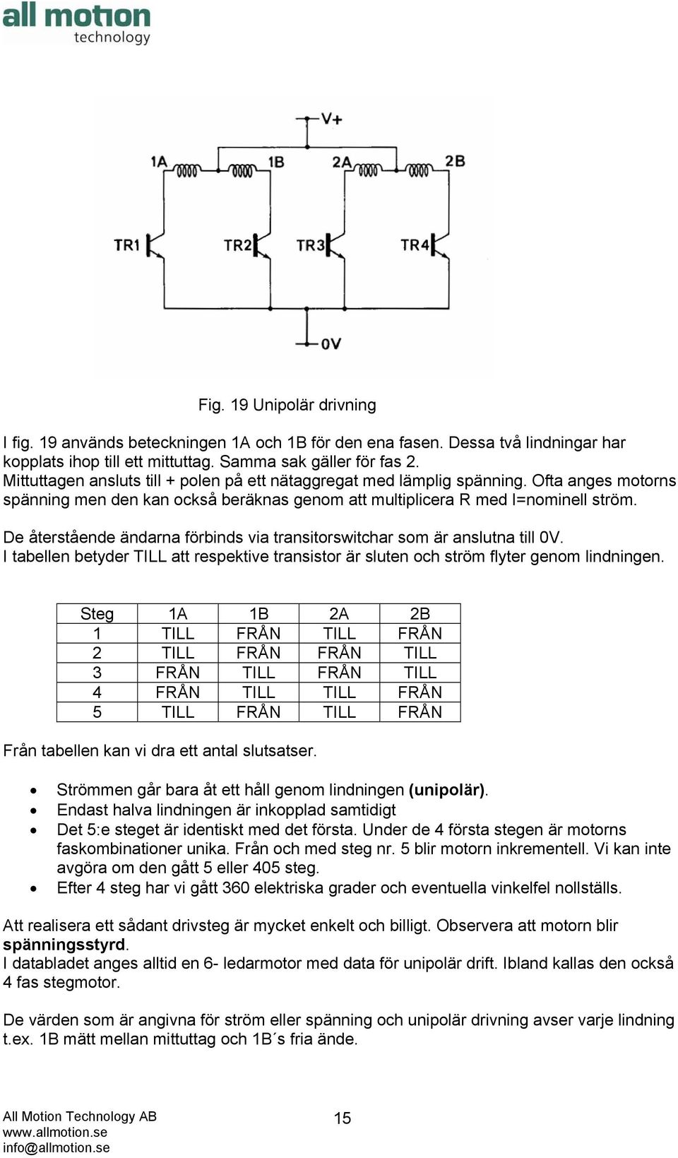 De återstående ändarna förbinds via transitorswitchar som är anslutna till 0V. I tabellen betyder TILL att respektive transistor är sluten och ström flyter genom lindningen.