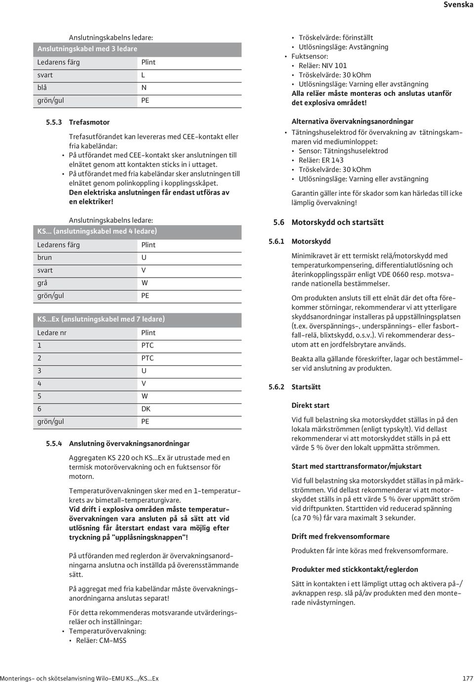 På utförandet med fria kabeländar sker anslutningen till elnätet genom polinkoppling i kopplingsskåpet. Den elektriska anslutningen får endast utföras av en elektriker! Anslutningskabelns ledare: KS.