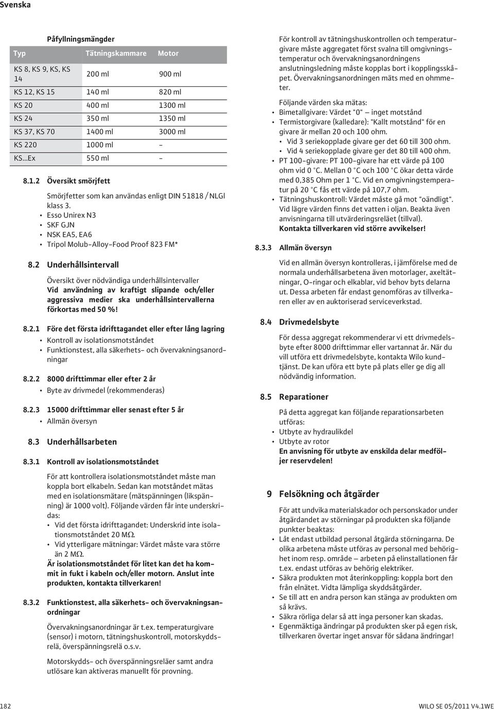 2 Underhållsintervall Översikt över nödvändiga underhållsintervaller Vid användning av kraftigt slipande och/eller aggressiva medier ska underhållsintervallerna förkortas med 50 %! 8.2.1 Före det första idrifttagandet eller efter lång lagring Kontroll av isolationsmotståndet Funktionstest, alla säkerhets- och övervakningsanordningar 8.
