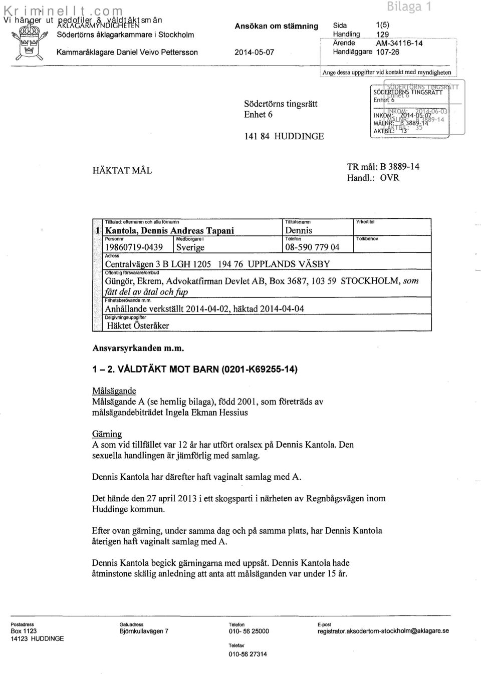 : OVR 1 Tilltalad: efternamn och alla förnamn Kantola, Dennis Andreas Tapani Personnr 19860719-0439 Medborgare i Sverige Tilltalsnamn Dennis Telefon 08-590 779 04 Adress Centralvägen 3 B LGH 1205 194