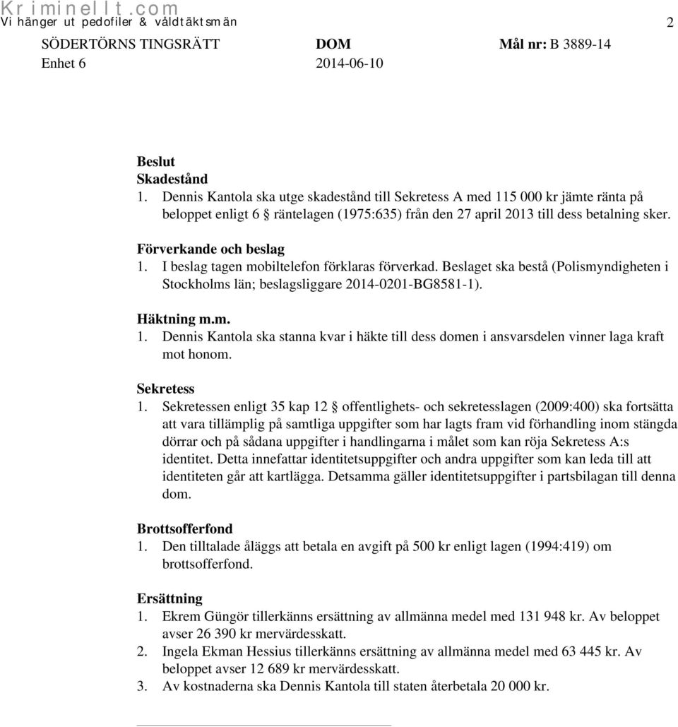 I beslag tagen mobiltelefon förklaras förverkad. Beslaget ska bestå (Polismyndigheten i Stockholms län; beslagsliggare 2014-0201-BG8581-1). Häktning m.m. 1.