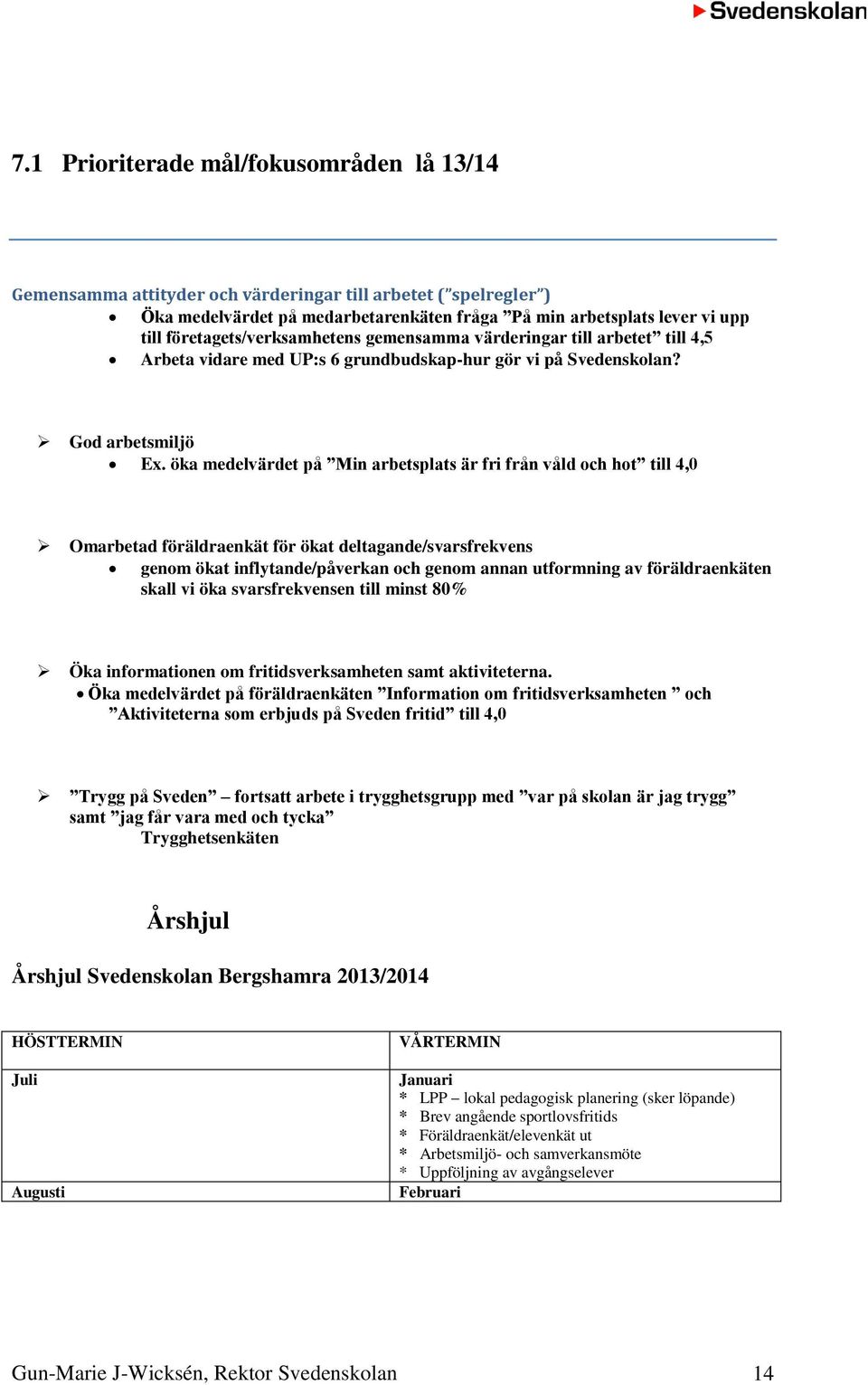 öka medelvärdet på Min arbetsplats är fri från våld och hot till 4,0 Omarbetad föräldraenkät för ökat deltagande/svarsfrekvens genom ökat inflytande/påverkan och genom annan utformning av