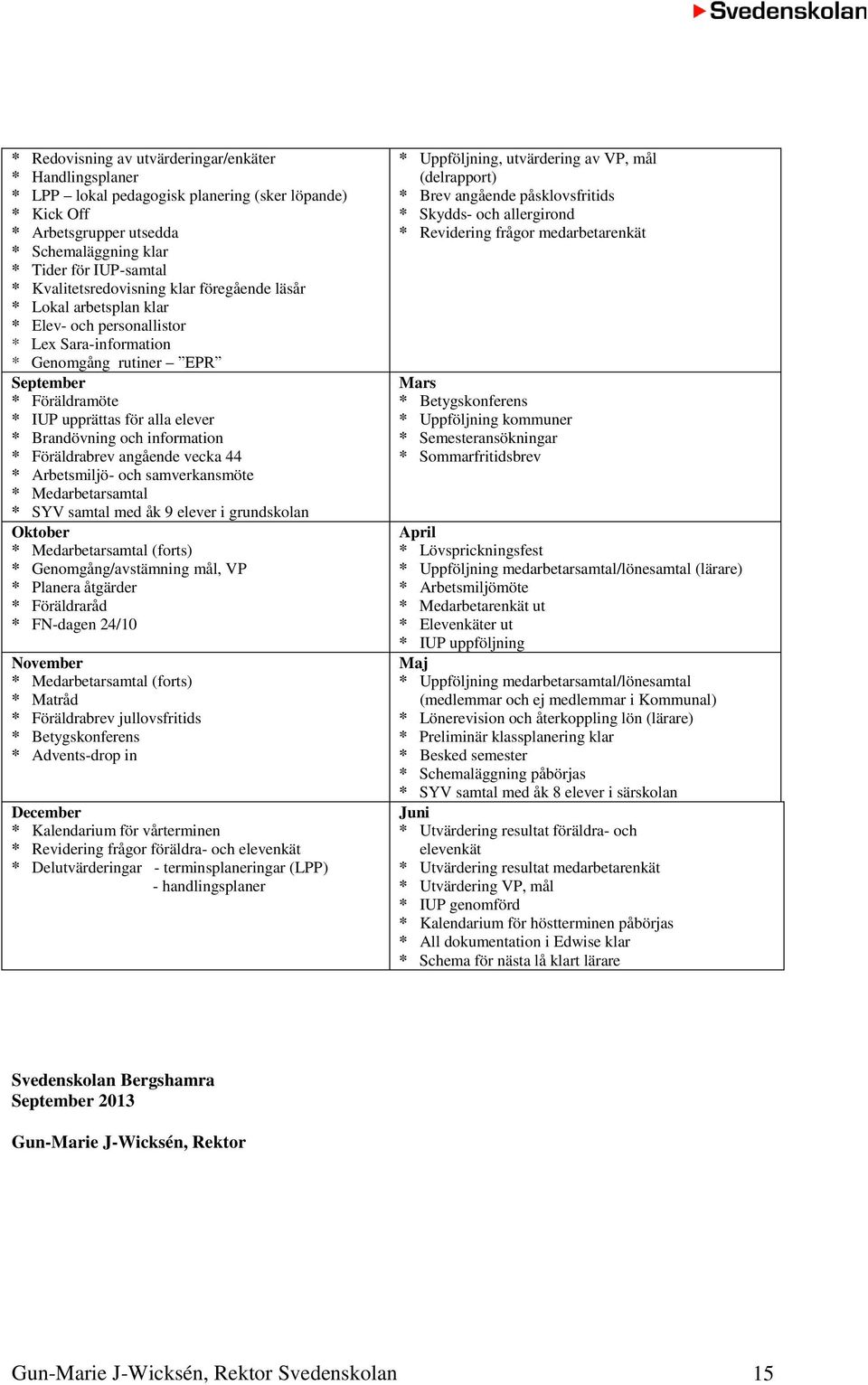 Brandövning och information * Föräldrabrev angående vecka 44 * Arbetsmiljö- och samverkansmöte * Medarbetarsamtal * SYV samtal med åk 9 elever i grundskolan Oktober * Medarbetarsamtal (forts) *