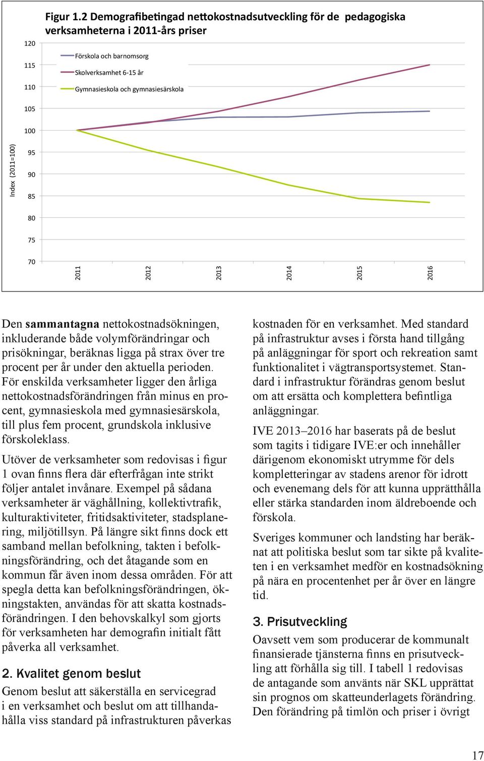 (2011=100) 95 90 85 80 75 70 2011 2012 2013 2014 2015 2016 Den sammantagna nettokostnadsökningen, inkluderande både volymförändringar och prisökningar, beräknas ligga på strax över tre procent per år