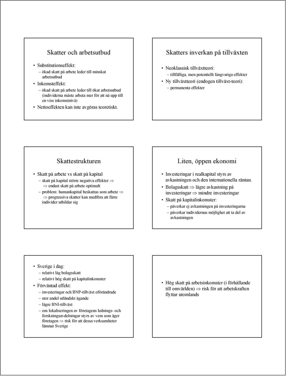 Skatters inverkan på tillväxten Neoklassisk tillväxtteori: tillfälliga, men potentiellt långvariga effekter Ny tillväxtteori (endogen tillväxt-teori): permanenta effekter Skattestrukturen Skatt på