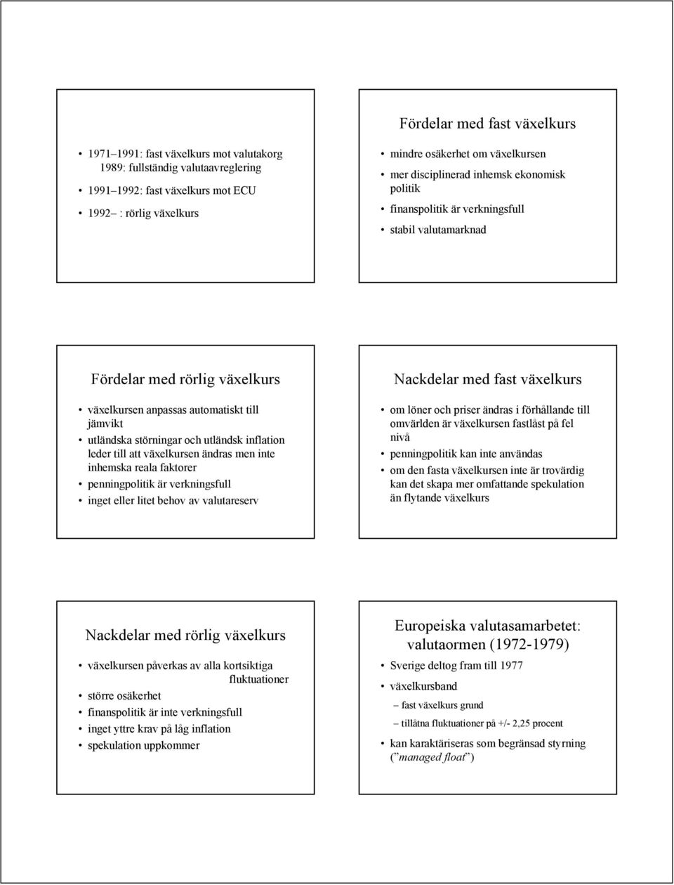 utländsk inflation leder till att växelkursen ändras men inte inhemska reala faktorer penningpolitik är verkningsfull inget eller litet behov av valutareserv Nackdelar med fast växelkurs om löner och