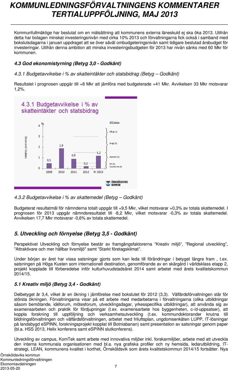 tidigare beslutad årsbudget för investeringar. Utifrån denna ambition att minska investeringsbudgeten för 2013 har nivån sänks med 60 Mkr för kommunen. 4.3 God ekonomistyrning (Betyg 3,0 - Godkänt) 4.