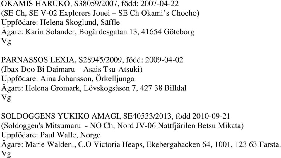 Johansson, Örkelljunga Ägare: Helena Gromark, Lövskogsåsen 7, 427 38 Billdal SOLDOGGENS YUKIKO AMAGI, SE40533/2013, född 2010-09-21 (Soldoggen's