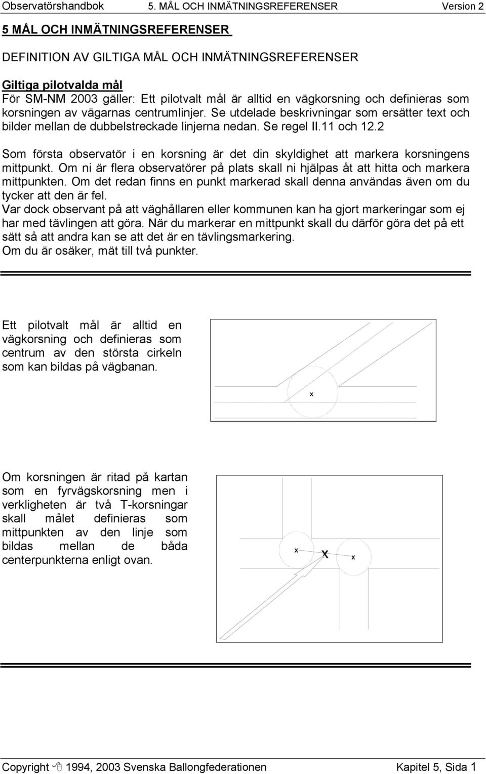 vägkorsning och definieras som korsningen av vägarnas centrumlinjer. Se utdelade beskrivningar som ersätter text och bilder mellan de dubbelstreckade linjerna nedan. Se regel II.11 och 12.