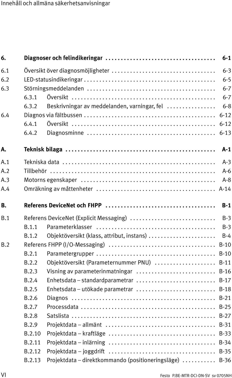 ............... 6 8 6.4 Diagnos via fältbussen........................................... 6 12 6.4.1 Översikt............................................... 6 12 6.4.2 Diagnosminne.......................................... 6 13 A.