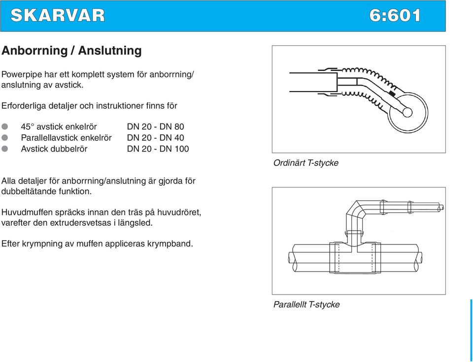 Avstick dubbelrör DN 20 - DN 100 Ordinärt T-stycke Alla detaljer för anborrning/anslutning är gjorda för dubbeltätande funktion.