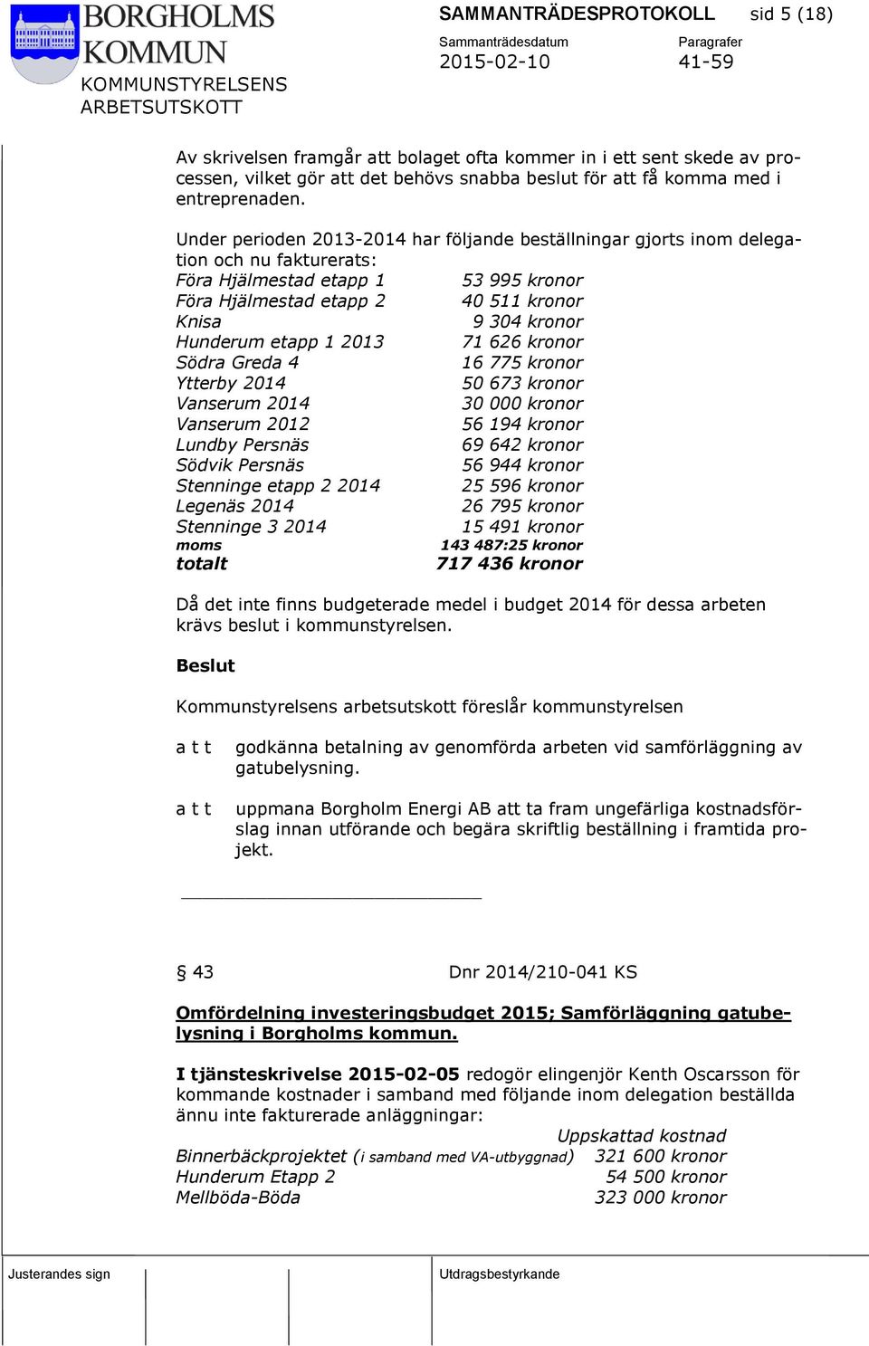 etapp 1 2013 71 626 kronor Södra Greda 4 16 775 kronor Ytterby 2014 50 673 kronor Vanserum 2014 30 000 kronor Vanserum 2012 56 194 kronor Lundby Persnäs 69 642 kronor Södvik Persnäs 56 944 kronor