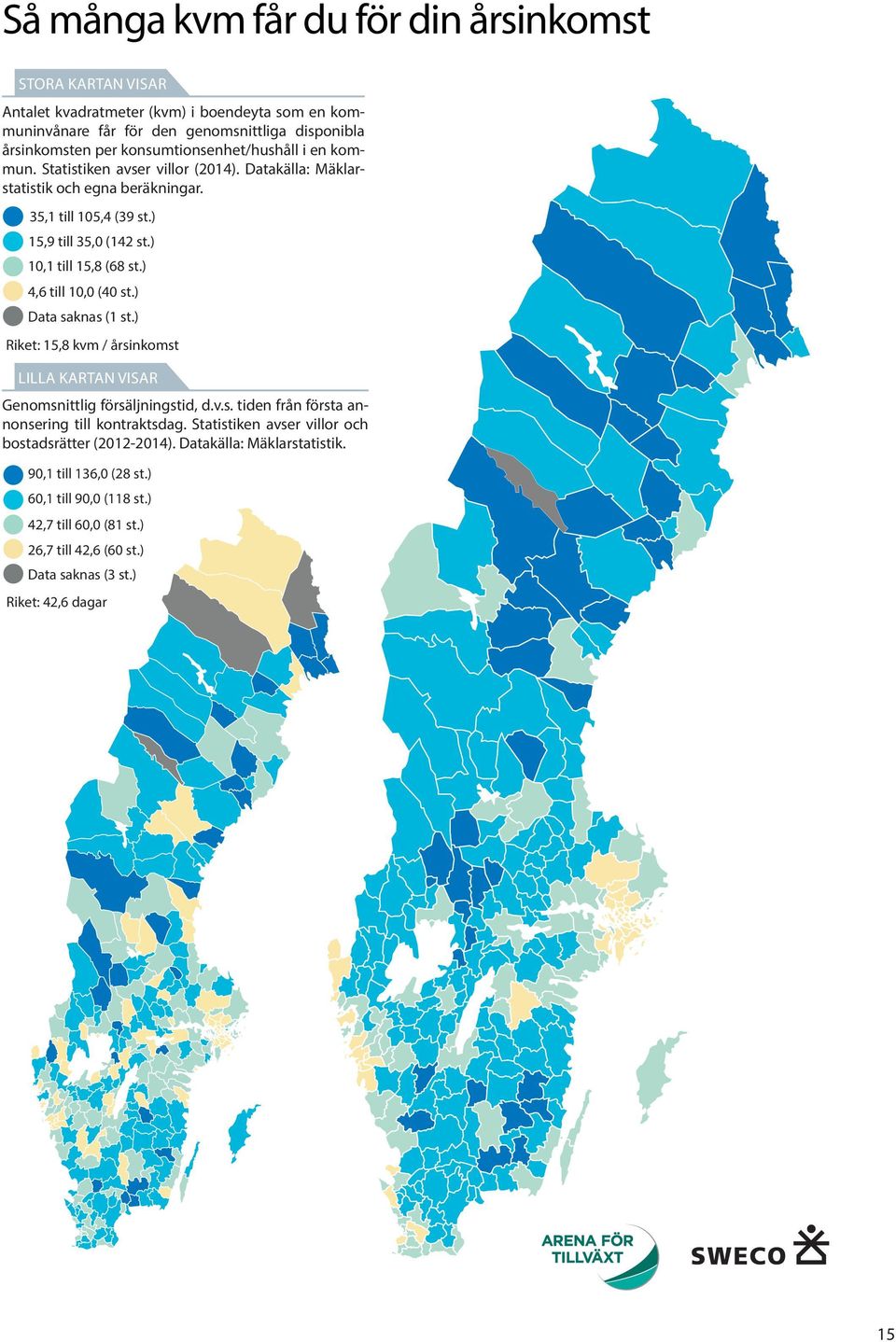 ) 4,6 till 10,0 (40 st.) Data saknas (1 st.) Riket: 15,8 kvm / årsinkomst LILLA KARTAN VISAR Genomsnittlig försäljningstid, d.v.s. tiden från första annonsering till kontraktsdag.