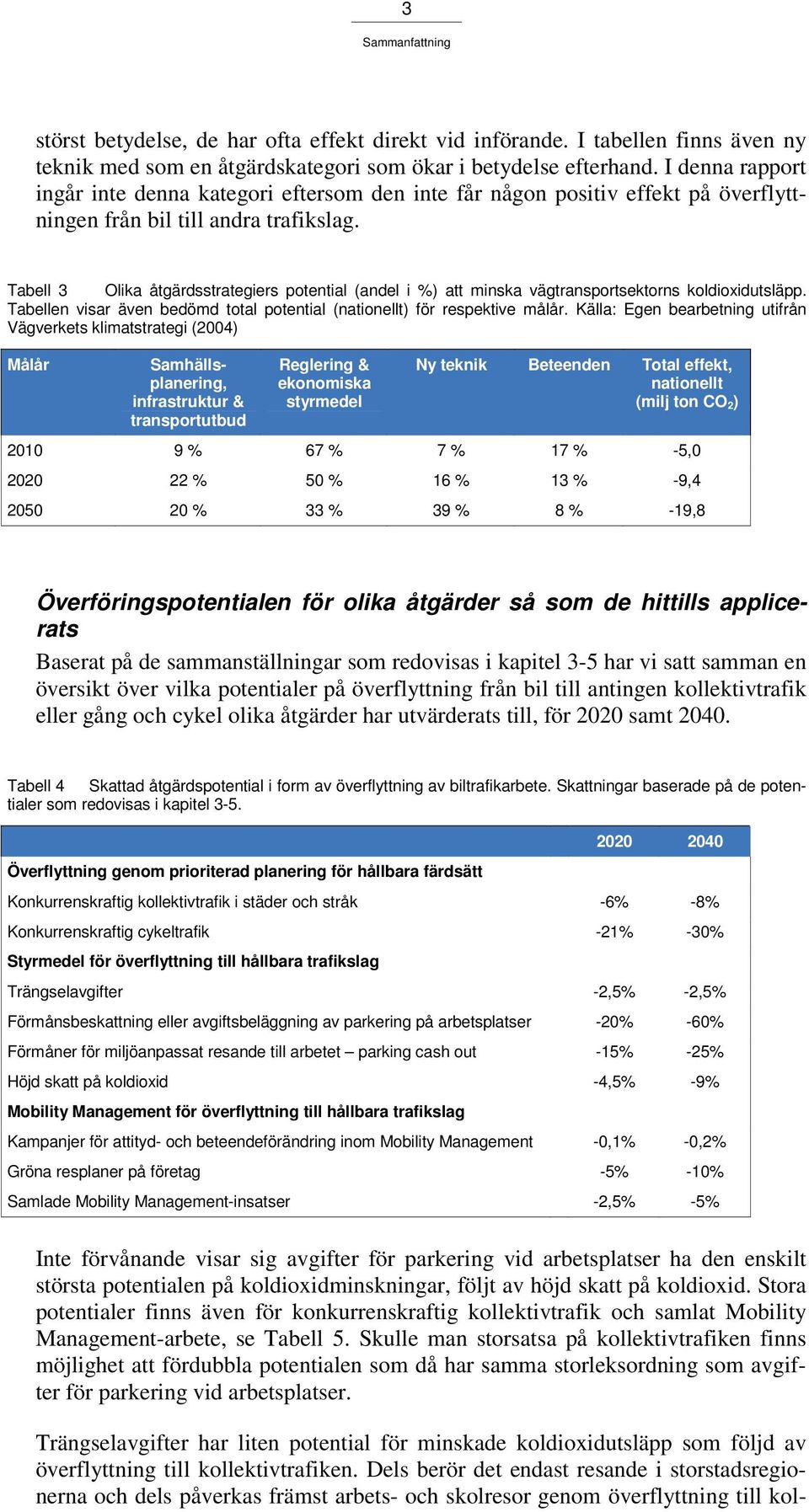 Tabell 3 Olika åtgärdsstrategiers potential (andel i %) att minska vägtransportsektorns koldioxidutsläpp. Tabellen visar även bedömd total potential (nationellt) för respektive målår.