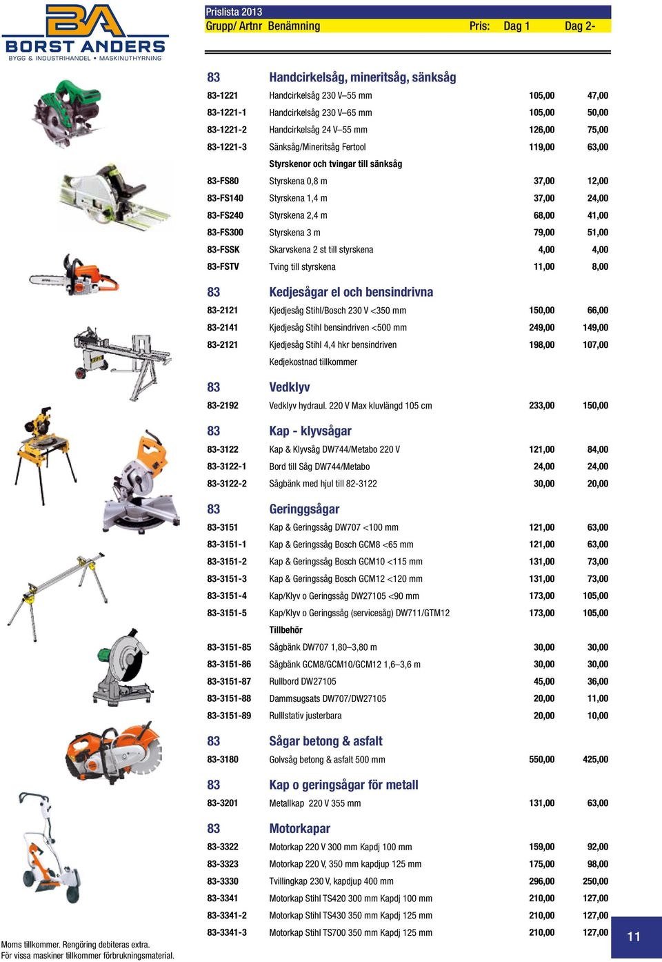 Styrskena 2,4 m 68,00 41,00 83-FS300 Styrskena 3 m 79,00 51,00 83-FSSK Skarvskena 2 st till styrskena 4,00 4,00 83-FSTV Tving till styrskena 11,00 8,00 83 Kedjesågar el och bensindrivna 83-2121