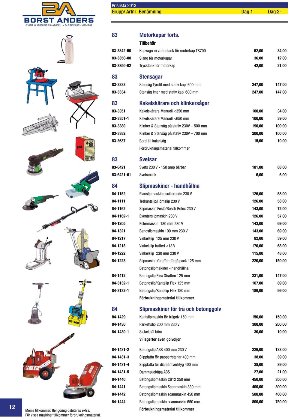 med stativ kapl 600 mm 247,00 147,00 83-3334 Stensåg Imer med stativ kapl 600 mm 247,00 147,00 83 Kakelskärare och klinkersågar 83-3351 Kakelskärare Manuell <350 mm 100,00 34,00 83-3351-1