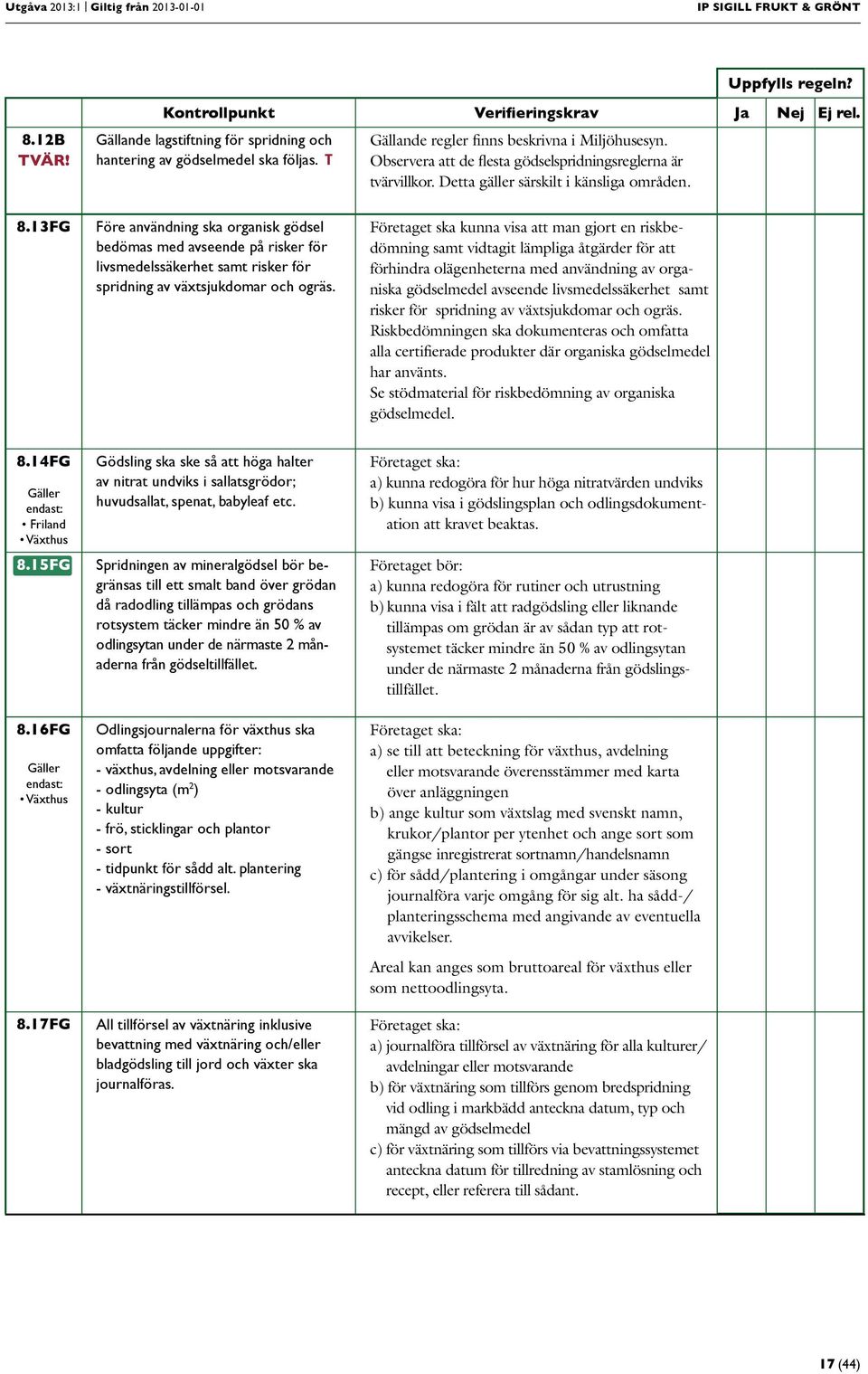 13FG Före användning ska organisk gödsel bedömas med avseende på risker för livsmedelssäkerhet samt risker för spridning av växtsjukdomar och ogräs.