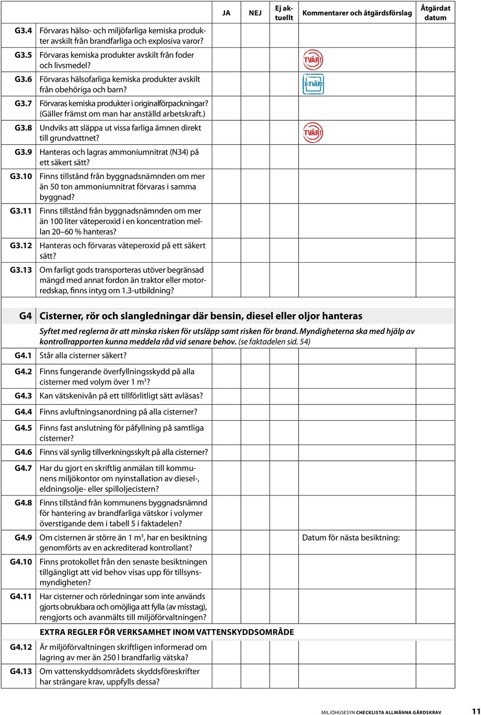 (Gäller främst om man har anställd arbetskraft.) G3.8 Undviks att släppa ut vissa farliga ämnen direkt till grundvattnet? G3.9 Hanteras och lagras ammoniumnitrat (N34) på ett säkert sätt? G3.10 Finns tillstånd från byggnadsnämnden om mer än 50 ton ammoniumnitrat förvaras i samma byggnad?