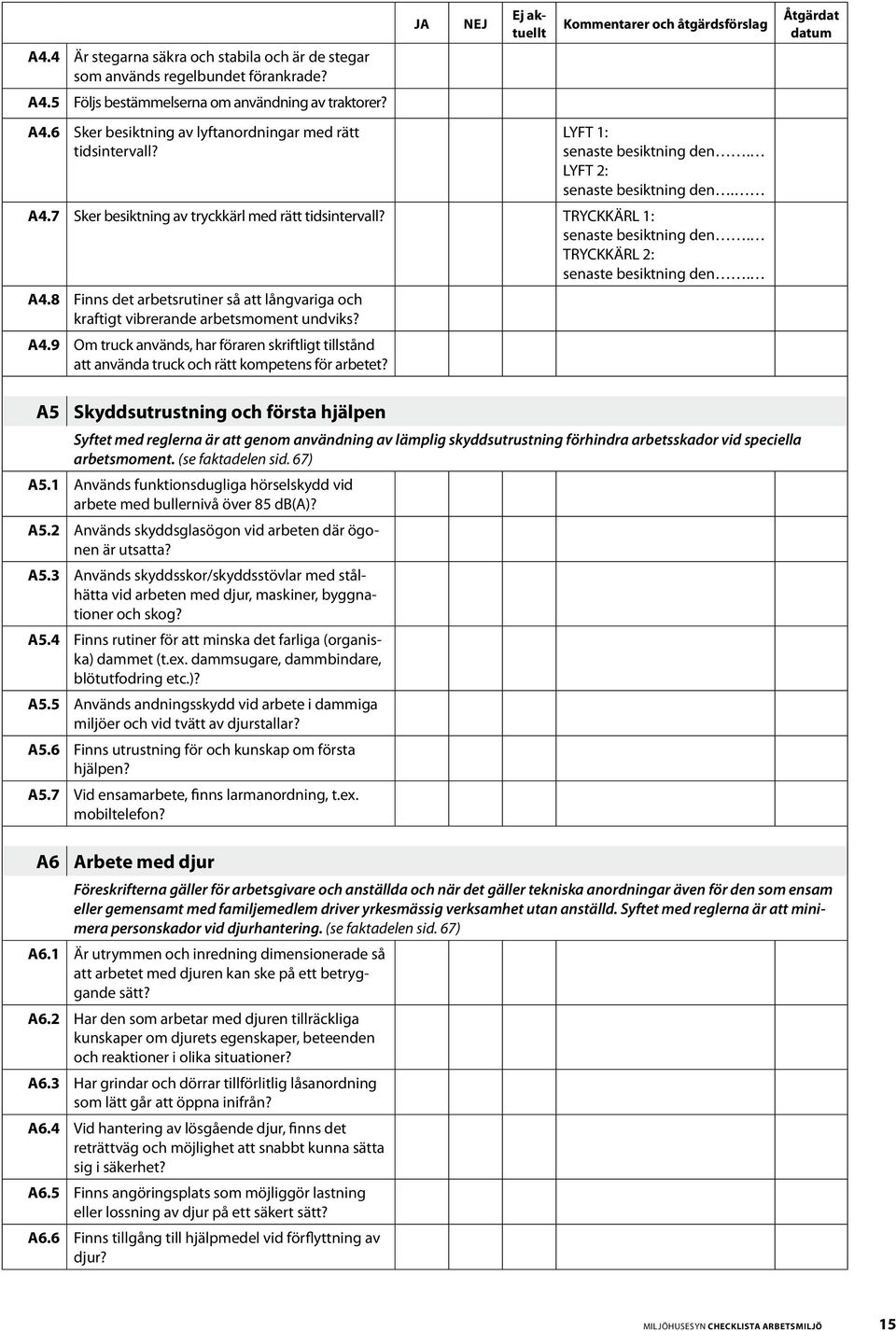 TRYCKKÄRL 1: senaste besiktning den. TRYCKKÄRL 2: senaste besiktning den. A4.8 Finns det arbetsrutiner så att långvariga och kraftigt vibrerande arbetsmoment undviks? A4.9 Om truck används, har föraren skriftligt tillstånd att använda truck och rätt kompetens för arbetet?