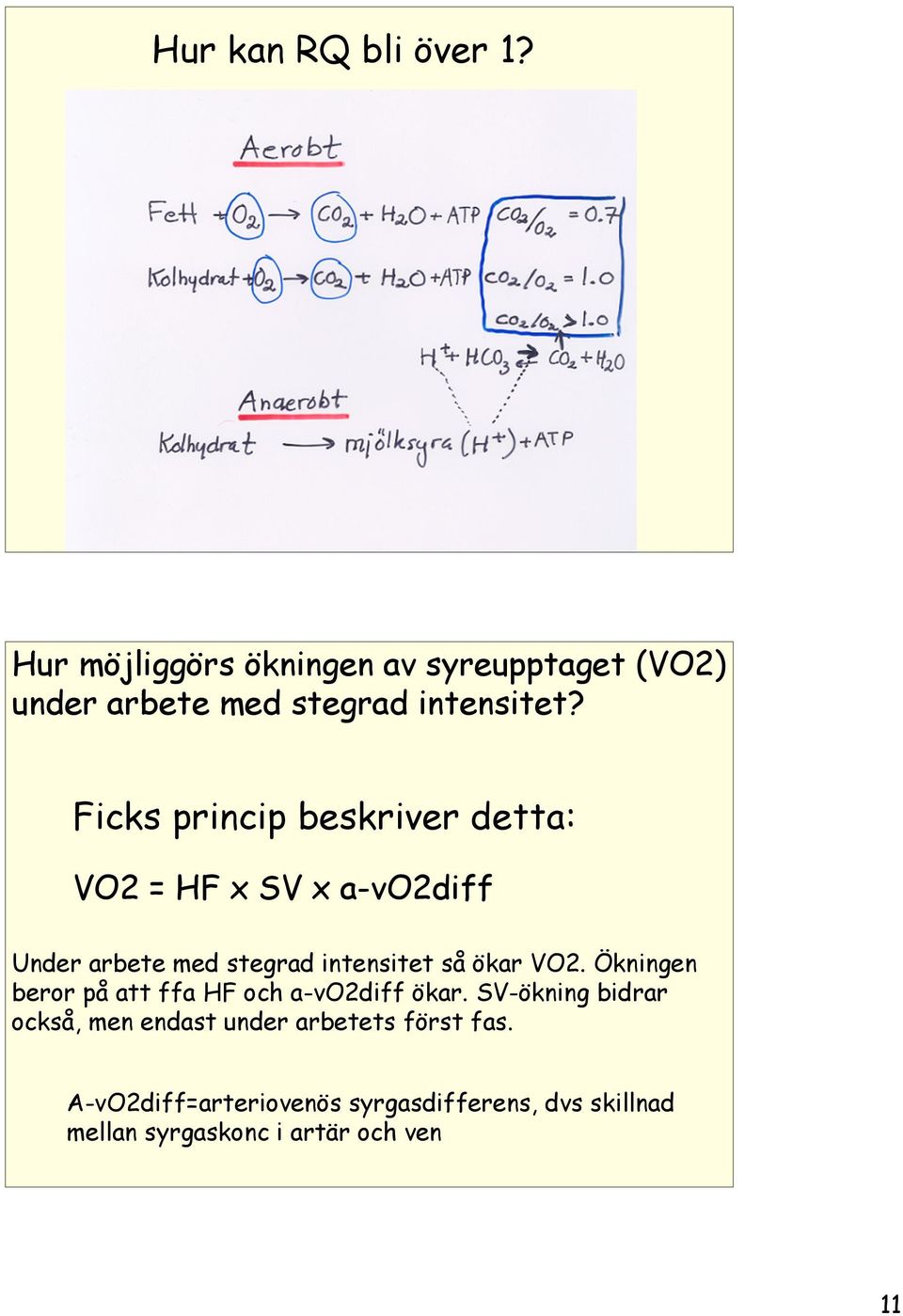 Ficks princip beskriver detta: VO2 = HF x SV x a-vo2diff Under arbete med stegrad intensitet så ökar