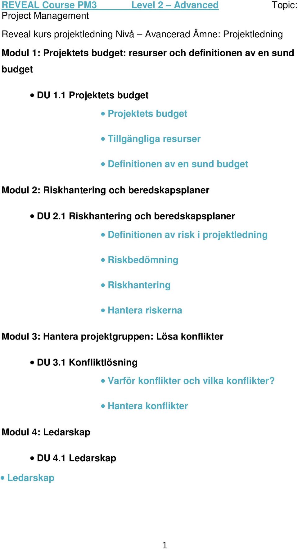 1 Projektets budget Projektets budget Tillgängliga resurser Definitionen av en sund budget Modul 2: Riskhantering och beredskapsplaner DU 2.