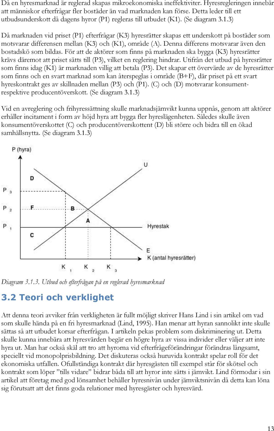 regleras till utbudet (K1). (Se diagram 3.1.3) Då marknaden vid priset (P1) efterfrågar (K3) hyresrätter skapas ett underskott på bostäder som motsvarar differensen mellan (K3) och (K1), område (A).