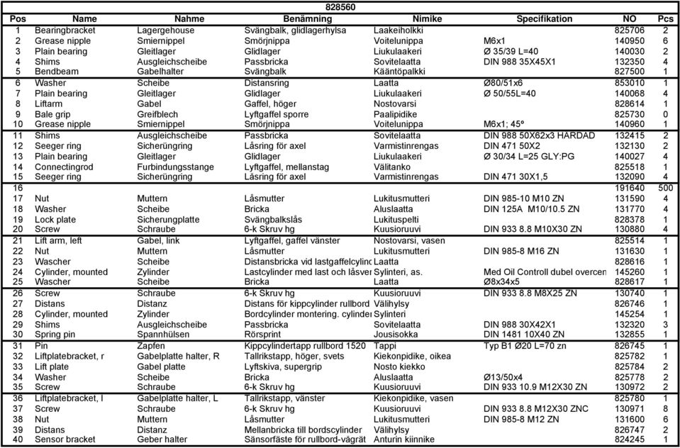Ø80/51x6 853010 1 7 Plain bearing Gleitlager Glidlager Liukulaakeri Ø 50/55L=40 140068 4 8 Liftarm Gabel Gaffel, höger Nostovarsi 828614 1 9 Bale grip Greifblech Lyftgaffel sporre Paalipidike 825730