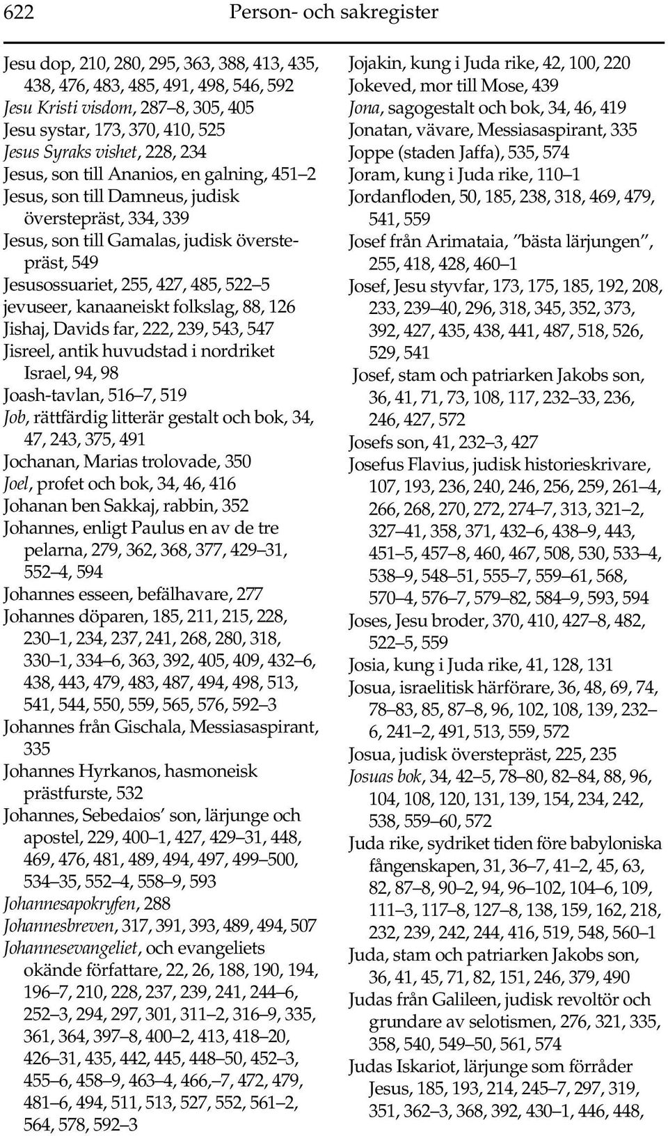 5 jevuseer, kanaaneiskt folkslag, 88, 126 Jishaj, Davids far, 222, 239, 543, 547 Jisreel, antik huvudstad i nordriket Israel, 94, 98 Joash-tavlan, 516 7, 519 Job, rättfärdig litterär gestalt och bok,