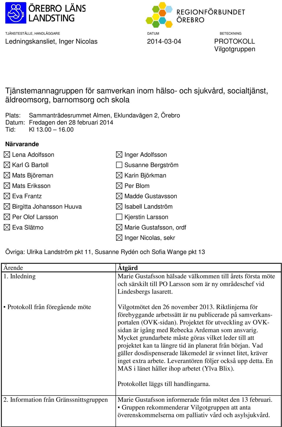 00 Närvarande Lena Adolfsson Karl G Bartoll Mats Björeman Mats Eriksson Eva Frantz Birgitta Johansson Huuva Per Olof Larsson Eva Slätmo Inger Adolfsson Susanne Bergström Karin Björkman Per Blom Madde