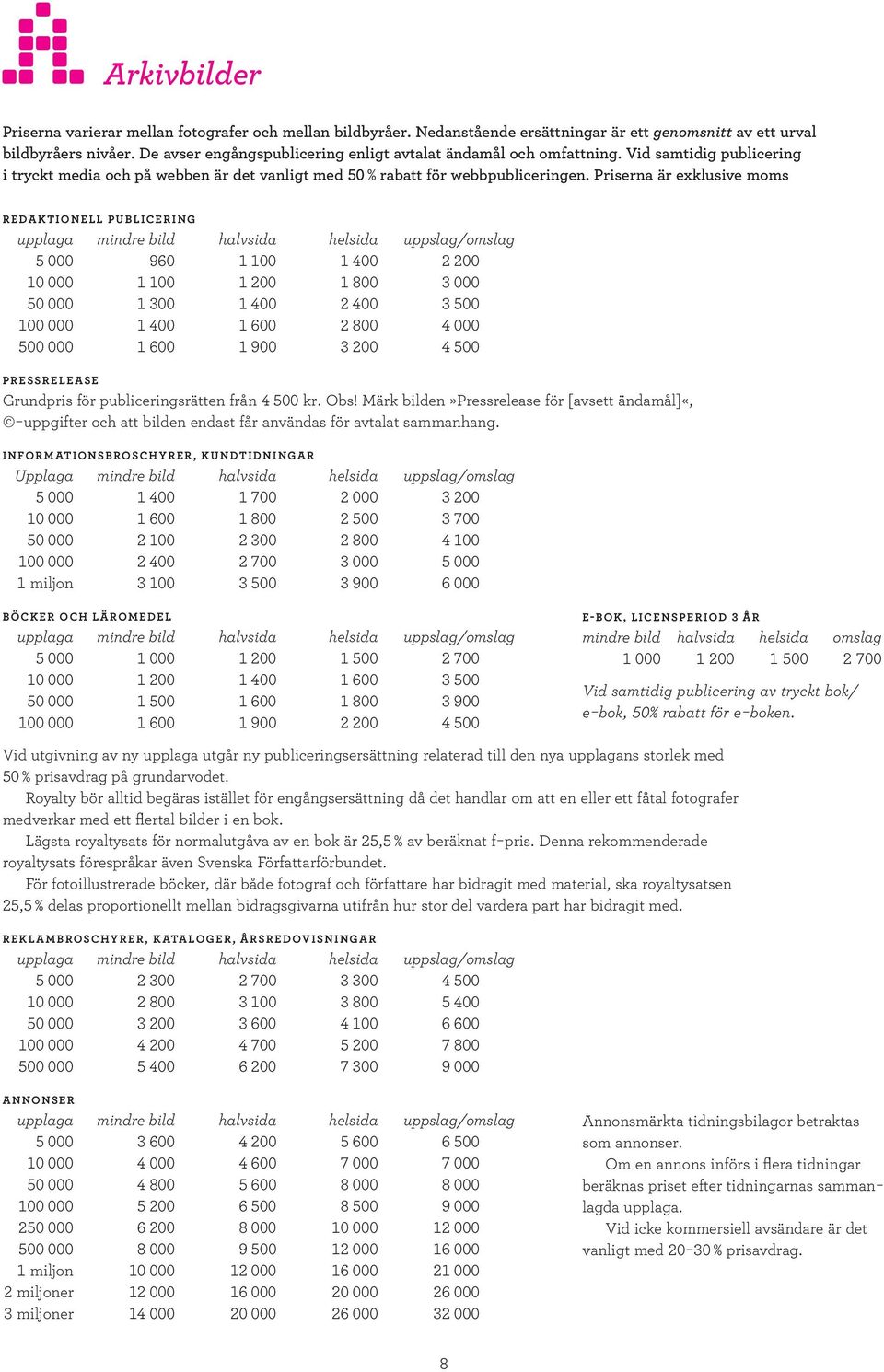 Priserna är exklusive moms REDAKTIONELL PUBLICERING upplaga mindre bild halvsida helsida uppslag/omslag 5 000 960 1 100 1 400 2 200 10 000 1 100 1 200 1 800 3 000 50 000 1 300 1 400 2 400 3 500 100