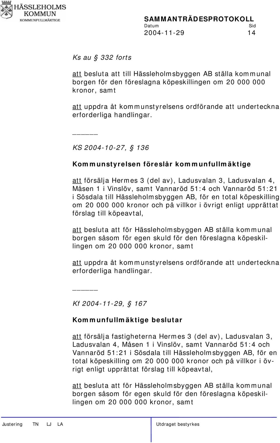 KS 2004-10-27, 136 Kommunstyrelsen föreslår kommunfullmäktige att försälja Hermes 3 (del av), Ladusvalan 3, Ladusvalan 4, Måsen 1 i Vinslöv, samt Vannaröd 51:4 och Vannaröd 51:21 i Sösdala till